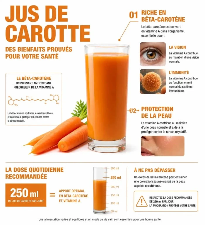 Infographie sur les bienfaits et la consommation quotidienne recommandée de jus de carotte pour la santé