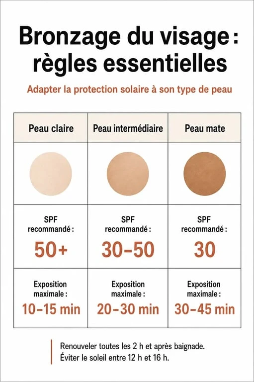 Infographie des règles de sécurité pour bronzer au visage en toute sécurité selon le type de peau