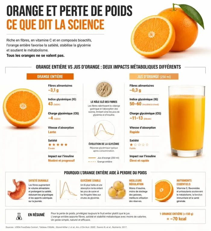 Infographie sur les bienfaits de manger des oranges pour maigrir et la différence nutritionnelle avec le jus d'orange