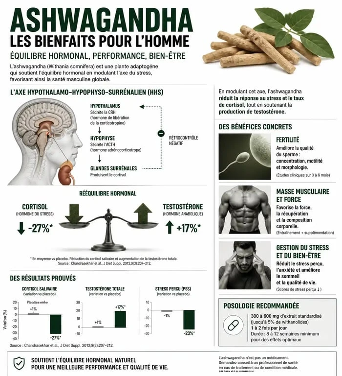 Infographie des bienfaits de l'ashwagandha pour les hommes : impact sur la testostérone, le cortisol et la fertilité.