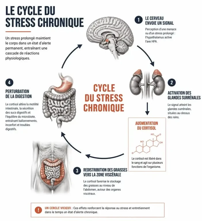Schéma explicatif du lien entre taux de cortisol élevé et ventre gonflé, illustrant le stockage de graisse viscérale et les troubles digestifs.