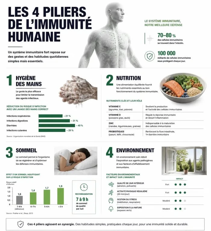 Infographie sur les conseils pour ne pas tomber malade et renforcer son système immunitaire