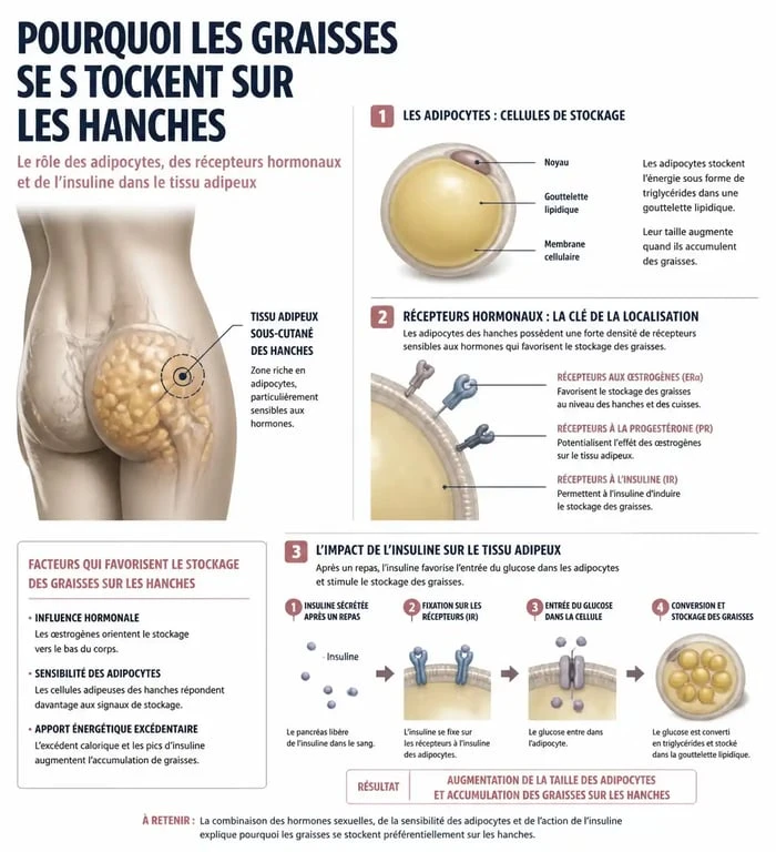 Infographie expliquant le mécanisme biologique de la graisse sur les hanches et le rôle des adipocytes.