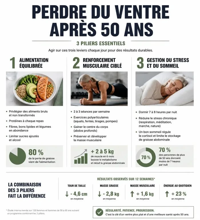 Infographie des trois piliers pour perdre du ventre après 50 ans : alimentation, sport et sommeil