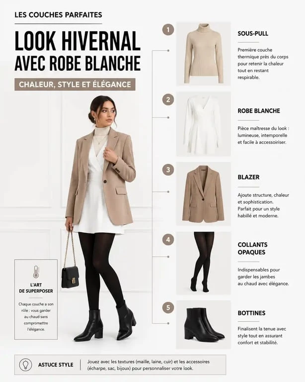 Infographie illustrant les conseils de layering pour porter une robe blanche en hiver avec style.
