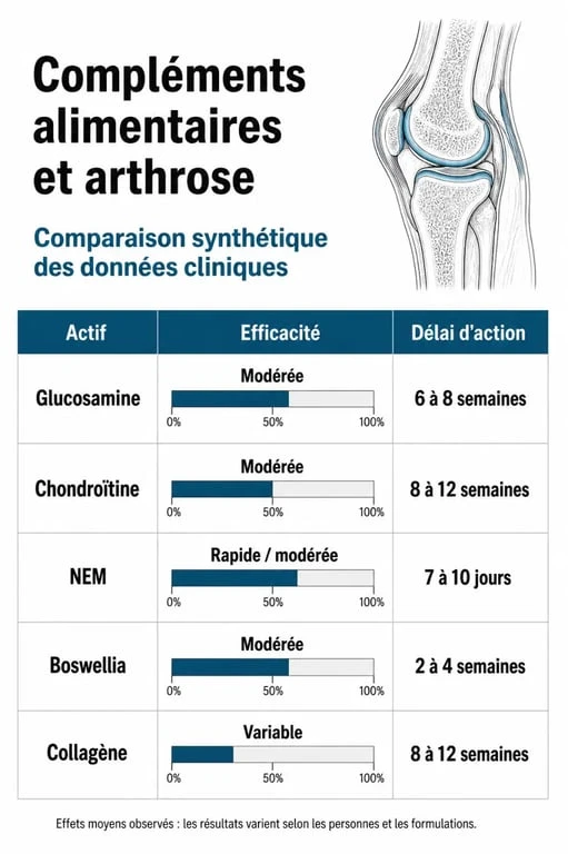 Infographie comparative des compléments alimentaires contre l'arthrose : efficacité et délais d'action des principaux actifs.