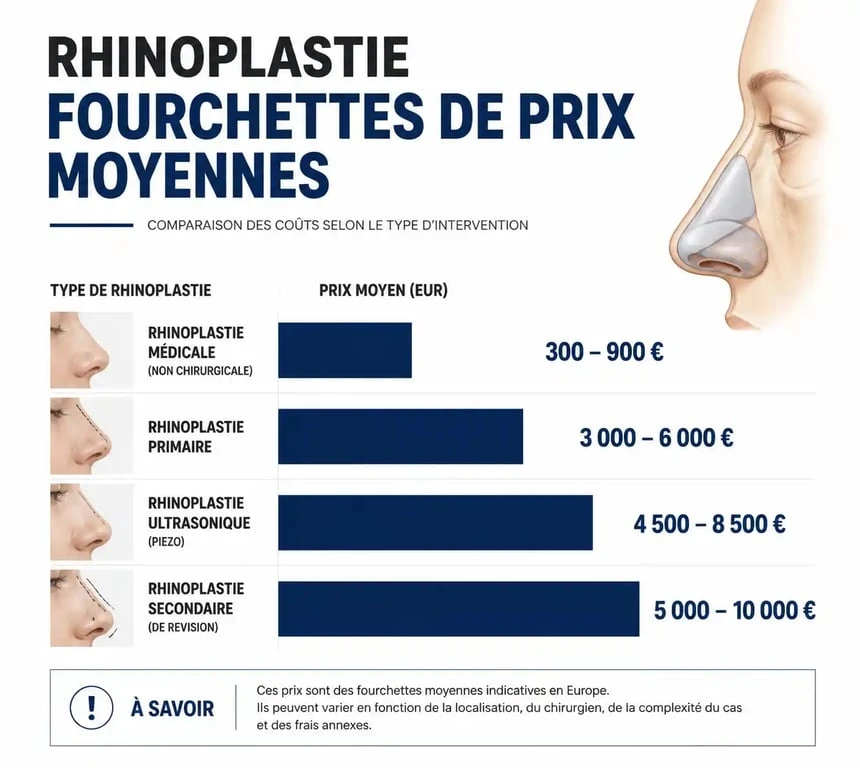 Infographie comparative des prix d'une rhinoplastie en France selon la technique chirurgicale