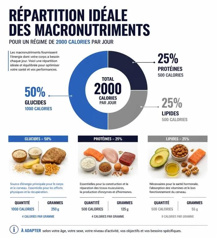Infographie de la répartition des macronutriments pour un régime de 2000 calories par jour