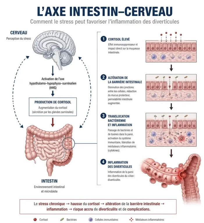 Schéma explicatif du lien entre stress et diverticulite : axe intestin-cerveau et inflammation