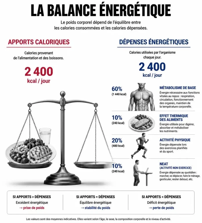 Schéma explicatif de la balance énergétique pour être en déficit calorique et perdre du poids sainement