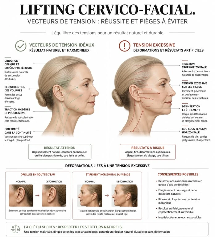 Schéma explicatif des risques et complications d'un lifting visage raté