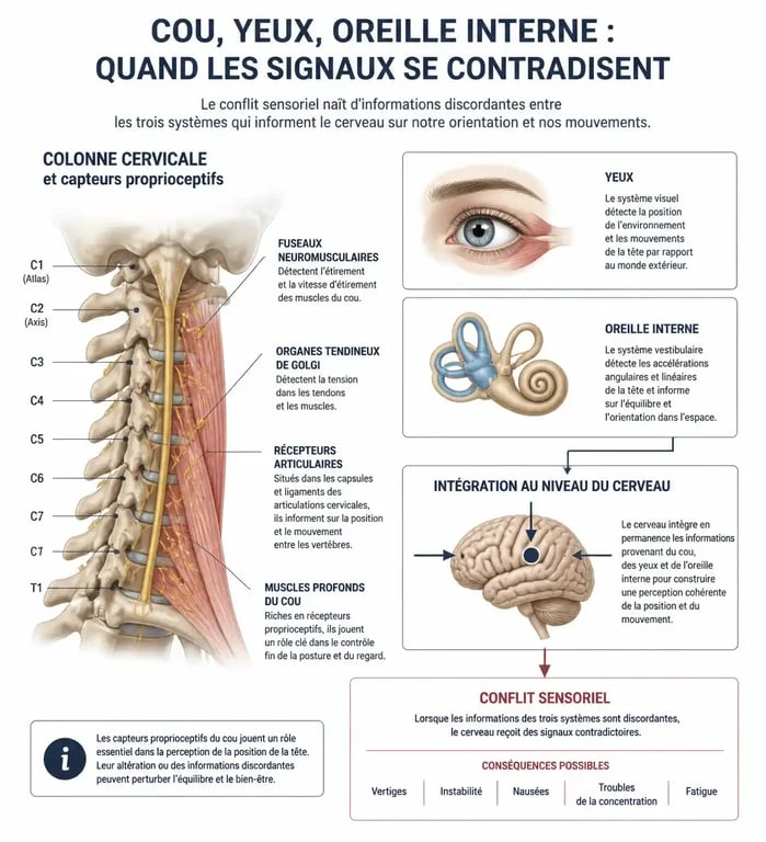 Schéma explicatif du mécanisme des vertiges dus aux cervicales et de la proprioception