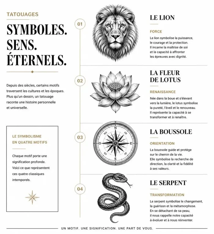 Infographie des significations de motifs de tatouage populaires : lion, lotus, boussole et serpent