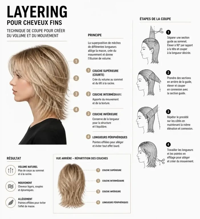 Technique de coupe en layering pour donner du volume aux cheveux fins chez les femmes de 70 ans