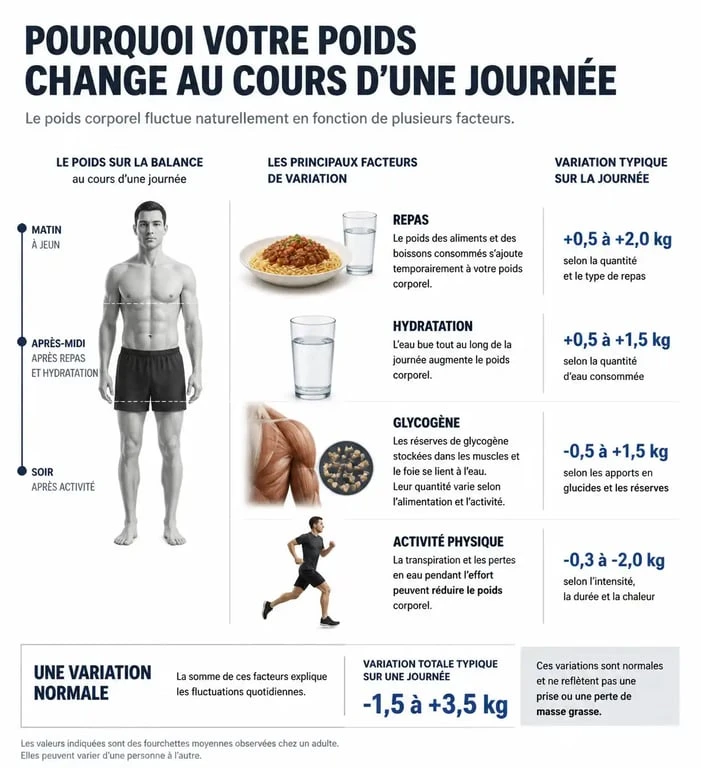 Infographie expliquant les variations de poids au cours de la journée et combien enlever lors d'une pesée le soir