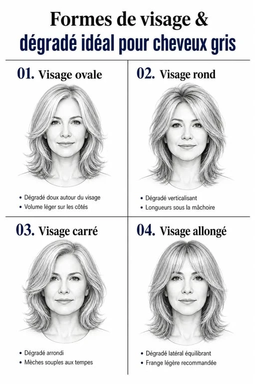 Infographie des meilleures coupes dégradées pour cheveux gris selon la forme du visage