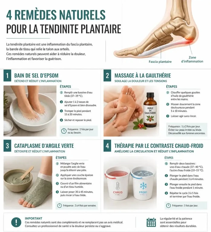 Infographie des remèdes naturels pour soulager une tendinite sous le pied