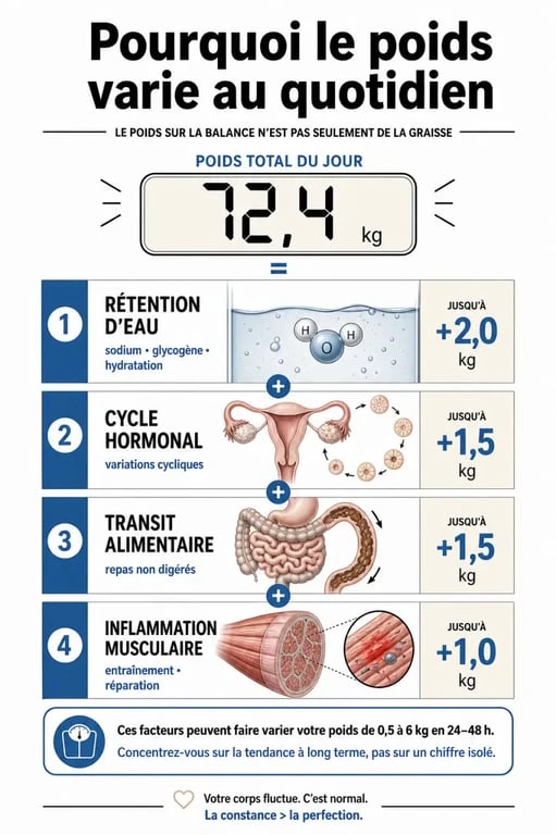 Infographie expliquant les variations de poids quotidiennes et pourquoi se peser tous les jours fait grossir par le stress