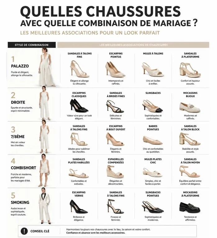 Infographie des meilleures chaussures à porter avec une combinaison pour un mariage