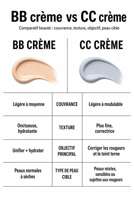 Infographie comparative : différence entre BB crème et CC crème pour choisir le soin adapté à votre peau.