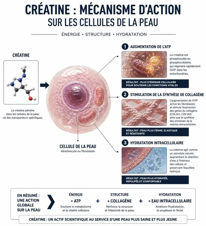 Schéma explicatif des effets de la créatine sur la peau et l'élasticité cutanée