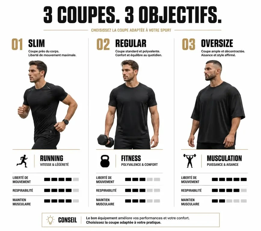 Infographie comparative des coupes de t-shirt de sport homme : Slim, Regular et Oversize pour le running et la musculation