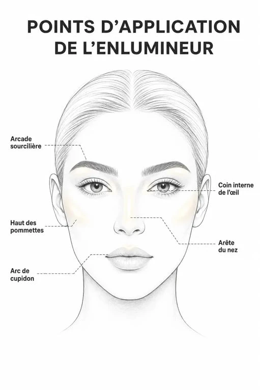 Schéma des zones d'application du meilleur highlighter pour un teint lumineux