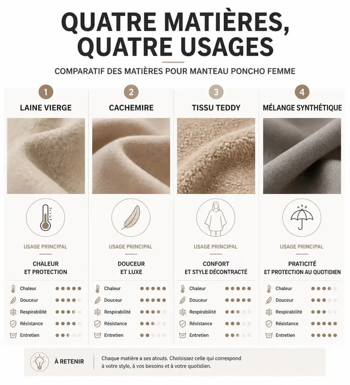 Infographie comparative des matières pour manteau poncho femme : laine, cachemire, teddy et synthétique pour choisir le modèle idéal.