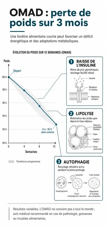 Infographie illustrant la perte de poids avec le régime OMAD : combien de kilos perdus et mécanismes métaboliques