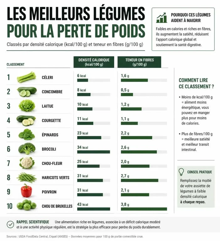 Infographie des meilleurs légumes pour maigrir : densité calorique et fibres