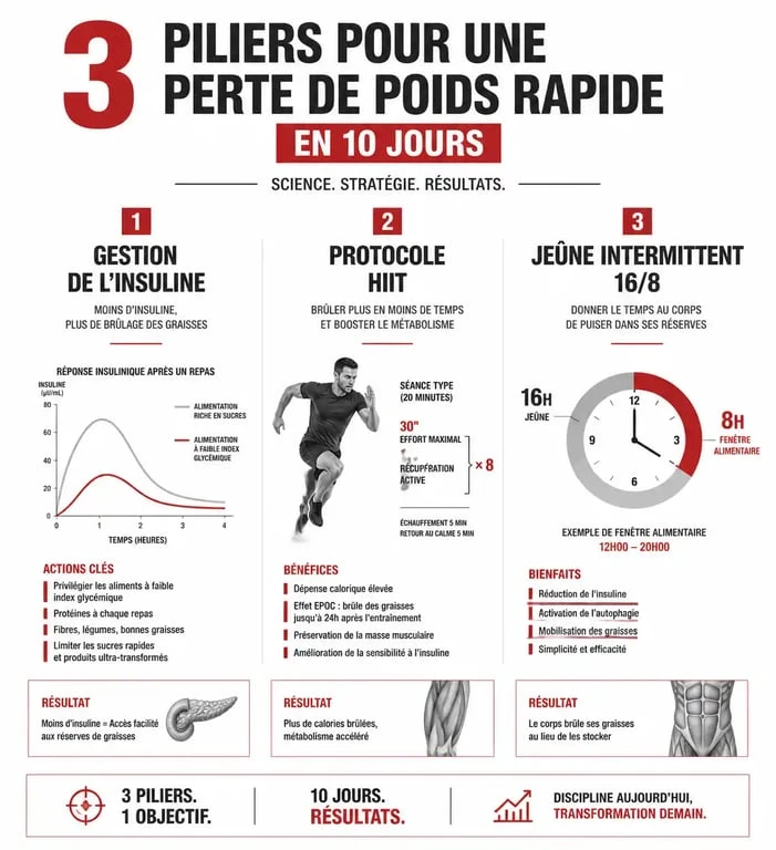 Infographie sur les méthodes pour perdre 5 kg en 10 jours : insuline, HIIT et jeûne intermittent.