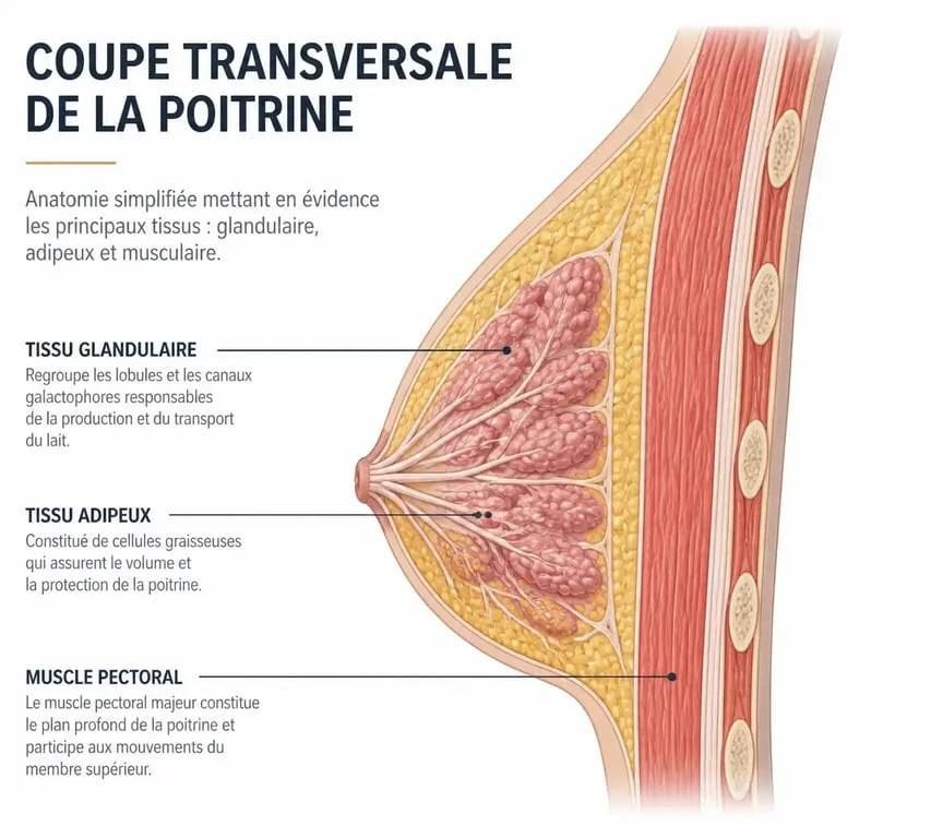 Schéma anatomique expliquant la composition de la poitrine pour comprendre comment perdre de la poitrine