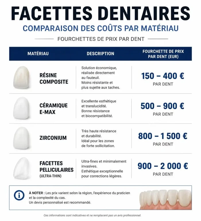 Infographie comparative des prix des facettes dentaires selon le matériau utilisé
