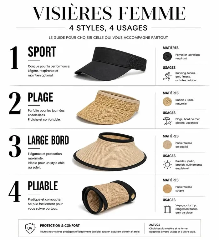 Infographie comparative des différents modèles de visière femme : sport, plage, large bord et pliable
