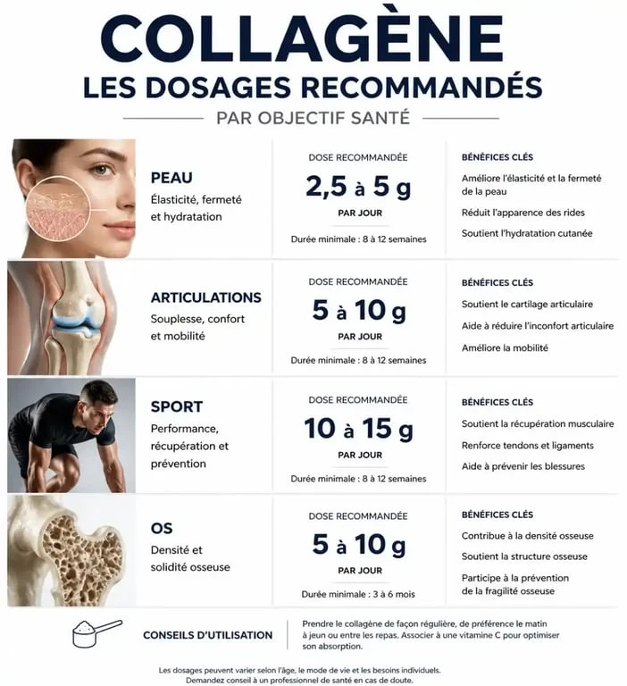 Infographie des dosages recommandés de collagène par jour selon l'objectif santé