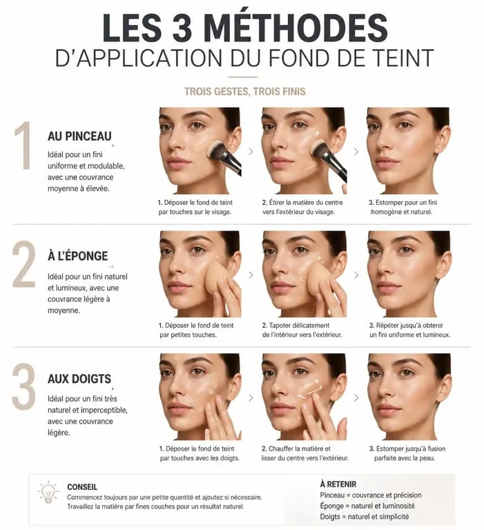 Illustration des méthodes pour appliquer le fond de teint : pinceau, éponge et doigts