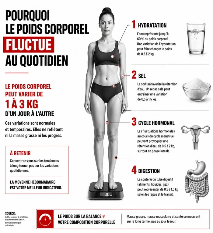 Infographie expliquant les causes des fluctuations de poids lors de la pesée quotidienne