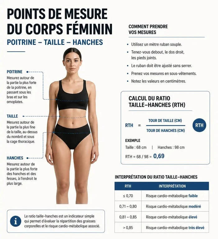 Infographie des points de mesure et calcul du ratio taille-hanches pour les mensurations idéales femme 1m60