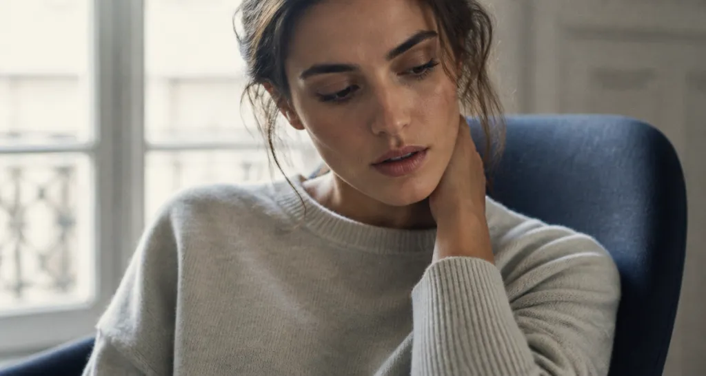 Femme main sur la nuque vertiges dus aux cervicales