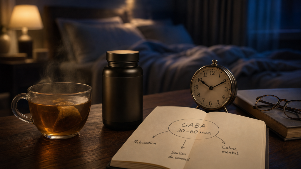 GABA effet au bout de combien de temps : tisane et flacon avant sommeil calme
