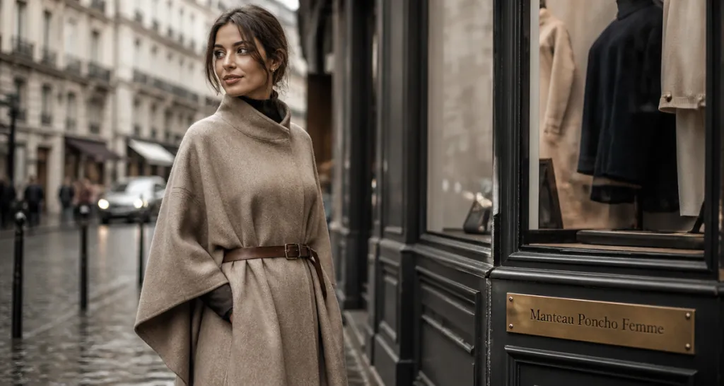 manteau poncho femme laine beige devant vitrine parisienne