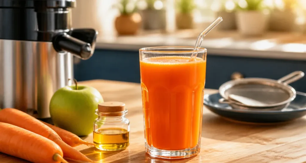 Peut on boire du jus de carotte tous les jours ? Verre de jus de carotte orange, extracteur inox, carottes