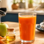 Peut on boire du jus de carotte tous les jours ? Verre de jus de carotte orange, extracteur inox, carottes