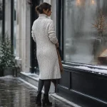 Robe blanche hiver chic en maille épaisse, collants gris anthracite et bottines noires