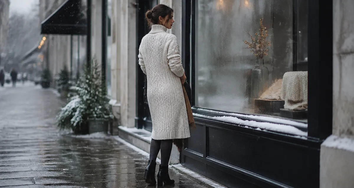 Robe blanche hiver chic en maille épaisse, collants gris anthracite et bottines noires