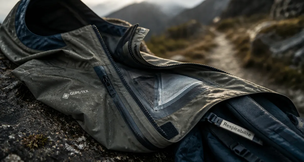 Veste gore tex femme 3 couches, étanche et respirante, gouttelettes sur tissu humide