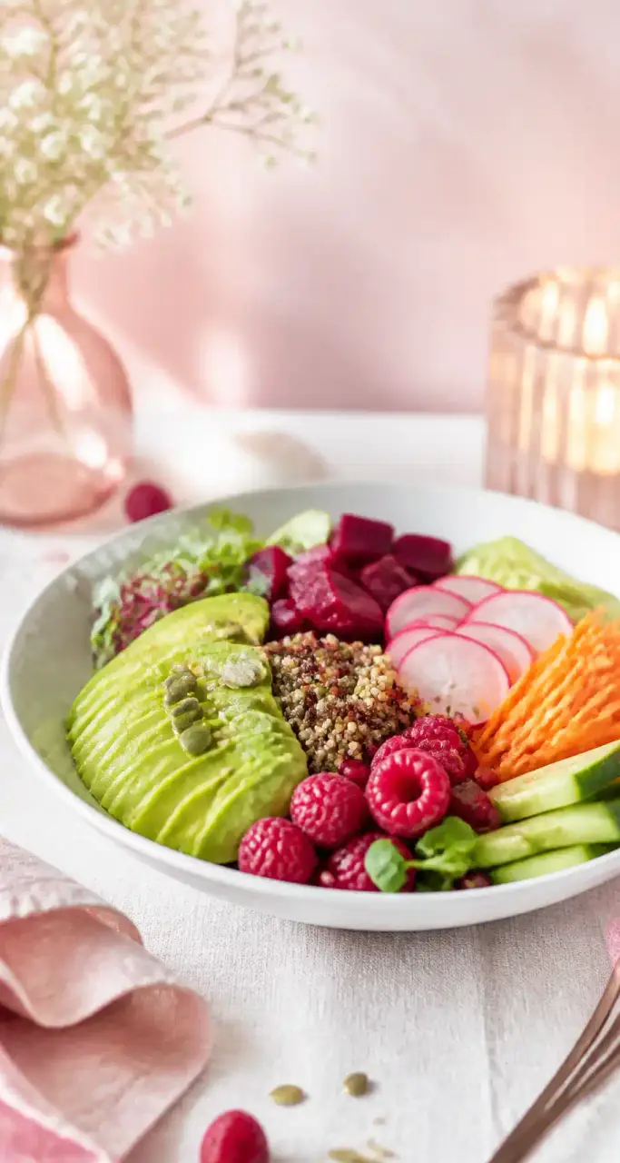 Assiette équilibrée composée de légumes frais, céréales complètes et fruits rouges