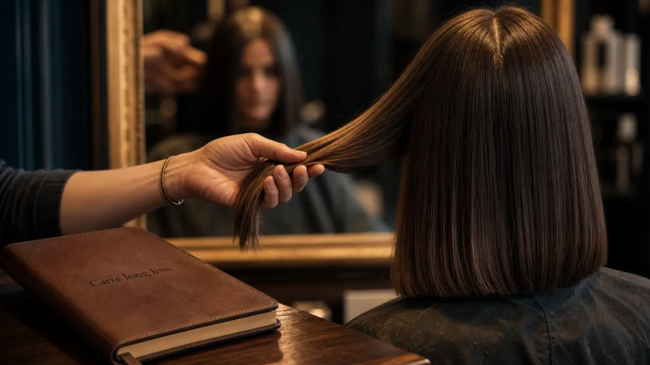 Photo coupe carré long lisse : raie, nuque lisse