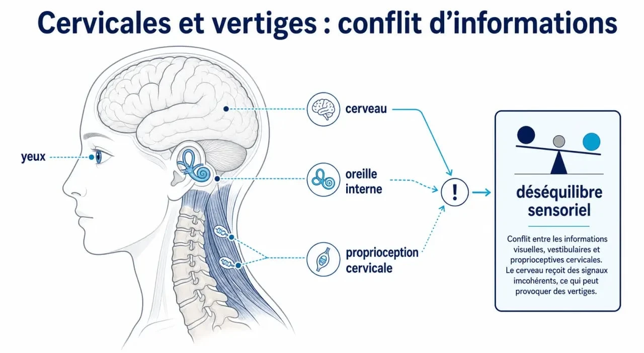 Schéma expliquant le lien possible entre cervicales et vertiges via la proprioception cervicale, les yeux, l’oreille interne et le cerveau