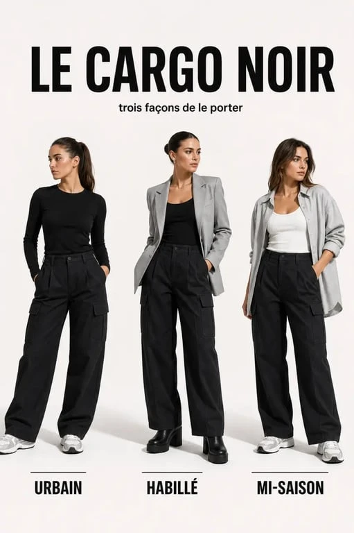 Pantalon cargo femme noir porté en trois looks : urbain, habillé et mi-saison
